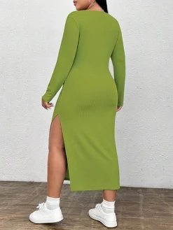 Women‘s Plus Size Curve Party Dress Cocktail Dress Wedding Guest Dress Midi Dress Green Long Sleeve Pure Color Split Spring Fall Winter Crew Neck Fashion Birthday Wedding Guest Vacation 2023 -HANs Plus Size Style Shop vavqzb1692174447859