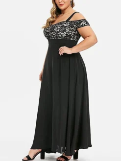 Women‘s Plus Size Curve Party Dress Homecoming Dress Formal Dress Solid Color Long Dress Maxi Dress Short Sleeve Lace Strap Modern Party Black Wine Summer Spring L XL XXL 3XL 4XL -HANs Plus Size Style Shop vavzjg1673244333399
