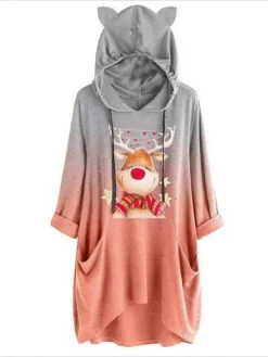 Women's Casual Dress Christmas Dress Hoodie Dress Ombre Deer Pocket Print Hooded Mini Dress Active Fashion Outdoor Christmas Long Sleeve Loose Fit Yellow Pink Orange Fall Winter S M L XL XXL