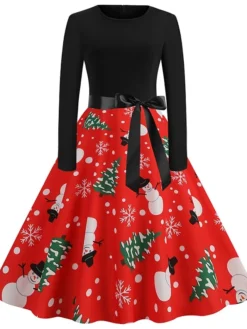 Women's Christmas Casual Dress Swing Dress Vintage Dress Midi Dress Green Blue Light Red Long Sleeve Santa Claus Bow Winter Fall Autumn V Neck Slim 2022 S M L XL XXL 3XL -HANs Plus Size Style Shop vaykhn1666776946218