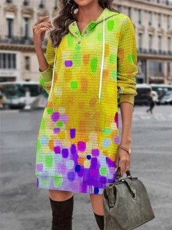 Women's Casual Dress Hoodie Dress Mini Dress Warm Fashion Outdoor Vacation Going Out Hoodie Pocket Print Geometric Regular Fit Yellow Pink Blue S M L XL XXL -HANs Plus Size Style Shop vbanlv1695027778576