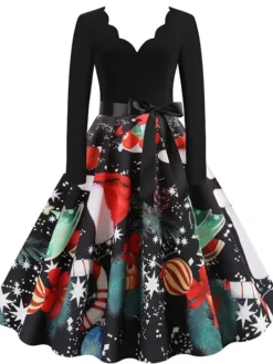 Women's Christmas Knee Length Dress Wine Green Orange Black Red Brown Navy Blue Long Sleeve Print Bow Print Fall Winter V Neck Casual Vintage2021 S M L XL XXL 3XL -HANs Plus Size Style Shop vbaqyx1629971432741