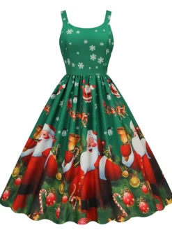 Women's Christmas Casual Dress Swing Dress Midi Dress Green Blue Sleeveless Santa Claus Print Winter Fall Spaghetti Strap Vacation Vintage 2022 S M L XL XXL / Slip Dress -HANs Plus Size Style Shop vbbwdo1666597246713