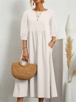 Women's Casual Dress Midi Dress Black White Pink 3/4 Length Sleeve Pure Color Ruched Summer Spring Crew Neck Casual 2023 S M L XL XXL -HANs Plus Size Style Shop vbkaro1628228164432