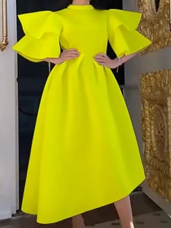 Women‘s Plus Size Curve Party Dress Solid Color Crew Neck Half Sleeve Spring Fall Elegant Modern Maxi Long Dress Formal Party Dress -HANs Plus Size Style Shop vbpfcv1669704981769