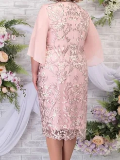 Women‘s Plus Size Curve Party Dress Lace Dress Cocktail Dress Midi Dress Pink Light Blue 3/4 Length Sleeve Leaf Lace Spring Fall Winter Crew Neck Fashion Birthday Wedding Guest Vacation 2023 -HANs Plus Size Style Shop vbsfiv1691399819987
