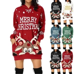 Women‘s Christmas Hoodie Dress Winter DressShort Mini Dress Red Black Long Sleeve Elk Tree Pocket Fall Winter Hooded Stylish Modern Loose Fit 2022 S M L XL XXL 3XL