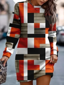 Women's Casual Dress Sweatshirt Dress Mini Dress Warm Fashion Outdoor Holiday Vacation Crew Neck Print Geometric Loose Fit Yellow Red Blue S M L XL XXL -HANs Plus Size Style Shop vbvyvd1693886821678
