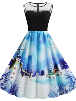 Women's Christmas Casual Dress Swing Dress Midi Dress Blue Royal Blue Dark Blue Light Blue Sleeveless Santa Claus Snowman Mesh Print Winter Fall Crew Neck Vacation Vintage 2022 S M L XL XXL -HANs Plus Size Style Shop vcktis1666597374323