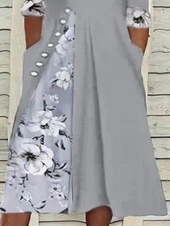 Women‘s Plus Size Curve Casual Dress Floral V Neck Print 3 4 Length Sleeve Spring Fall Casual Midi Dress Casual Daily Dress -HANs Plus Size Style Shop vcoecz1670983891384