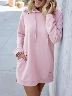 Women's Casual Dress Hoodie Dress Plain Dress Mini Dress Pocket Ripped Outdoor Daily Going Out Active Fashion Hooded Long Sleeve 2023 Loose Fit Pink Khaki Army Green Color S M L XL Size