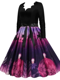 Women's Christmas Party Dress Swing DressKnee Length Dress Green Purple Wine Red Black Long Sleeve Santa Claus Elk Snowman Print Fall Winter V Neck Vintage Party Elegant Party 2022 S M L XL XXL 3XL -HANs Plus Size Style Shop vdbsli1665475512123