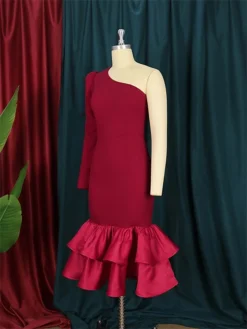 Women's Plus Size Curve Party Dress Bodycon Sheath Dress Plain Midi Dress Long Sleeve Ruffle One Shoulder Fashion Party Wine Fall Winter XL XXL 3XL 4XL -HANs Plus Size Style Shop vdcmnt1694425969406