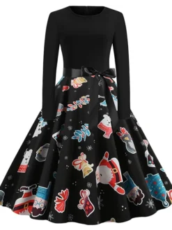 Women's Christmas Swing DressKnee Length Dress Black And White White Light Red Gold Red Long Sleeve Elk Snowman Bell Bow Print Fall Winter Round Neck Vintage Elegant 2022 S M L XL 2XL -HANs Plus Size Style Shop vdsosa1634125864596