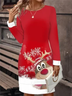 Women‘s Christmas Casual Dress Sweatshirt Dress Mini Dress Active Fashion Outdoor Holiday Crew Neck Print Snowman Tree Loose Fit Black White Wine S M L XL XXL -HANs Plus Size Style Shop vdvcin1695195008696