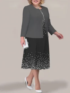 Women's Plus Size Curve Two Piece Dress Set Casual Dress Swing Dress Outdoor Office Fashion Streetwear Print Midi Dress Crew Neck Long Sleeve Leopard Ombre Yellow Pink Dark Pink Fall Winter L