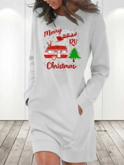 Women‘s Christmas Casual Dress Hoodie Dress Light Blue Grey White Long Sleeve Letter Pocket Print Winter Fall Crew Neck Stylish Casual Fall Dress Loose Fit 2022 S M L XL 2XL / Cotton / Winter Dress -HANs Plus Size Style Shop vebjua1666258537953