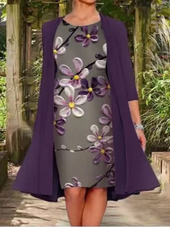 Women‘s Plus Size Curve Two Piece Dress Graphic Crew Neck Print Long Sleeve Winter Fall Elegant Casual Knee Length Dress Daily Holiday Dress -HANs Plus Size Style Shop vecjmi1630568079503