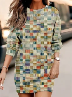 Women's Casual Dress Sweatshirt Dress Mini Dress Warm Fashion Outdoor Holiday Vacation Crew Neck Print Geometric Loose Fit Yellow Blue Purple S M L XL XXL