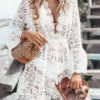 Women's Cover Up Beach Dress Beach Wear Mini Dress Ruched Hollow Out Fashion Boho Plain V Neck Long Sleeve Loose Fit Outdoor Vacation Black White 2023 Summer Spring S M L XL