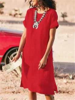 Women's Shift Dress Midi Dress Black White Red Short Sleeve Pure Color Split Spring Summer Crew Neck Basic Loose Fit 2023 S M L XL XXL 3XL -HANs Plus Size Style Shop veowsp1634128609886