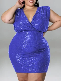 Women‘s Plus Size Curve Party Dress Solid Color V Neck Sequins Short Sleeve Spring Summer Sequins Prom Dress Short Mini Dress Party Back To School Dress Sequin Dress Homecoming Dress -HANs Plus Size Style Shop vepwkc1652866162667