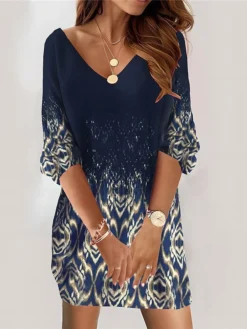 Women's Casual Dress Sweatshirt Dress Mini Dress Fashion Daily Outdoor Vacation Going Out V Neck Print Geometric Loose Fit Black Navy Blue Purple S M L XL XXL