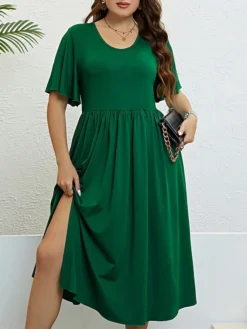 Women‘s Plus Size Curve Party Dress Cocktail Dress Wedding Guest Dress Midi Dress Green Short Sleeve Pure Color Split Summer Spring Fall Crew Neck Fashion Birthday Wedding Guest Vacation 2023 -HANs Plus Size Style Shop vfwpbh1691738816829