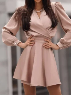 Women's Casual Dress Wrap Dress Plain Dress Mini Dress Ruched Outdoor Street Daily Fashion Streetwear V Neck Long Sleeve 2023 Loose Fit Black Pink Rose Red Color S M L XL XXL Size