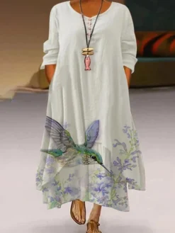 Women‘s Plus Size Curve Holiday Dress Print Crew Neck Long Sleeve Fall Winter Casual Vintage Maxi Long Dress Daily Dress -HANs Plus Size Style Shop vggnwu1637670535111