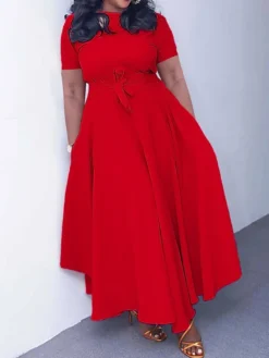 Women‘s Plus Size Curve Casual Dress A Line Dress Solid Color Long Dress Maxi Dress Short Sleeve Lace Up Pocket Crew Neck Fashion Outdoor Black Yellow Summer Spring L XL XXL 3XL -HANs Plus Size Style Shop vghvlb1684482423100