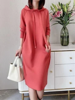 Women's Casual Dress Hoodie Dress Midi Dress Active Daily Outdoor Going Out Weekend Hoodie Pocket Solid Color Loose Fit Black Pink Green M L XL XXL 3XL -HANs Plus Size Style Shop vgjqqd1694427872921