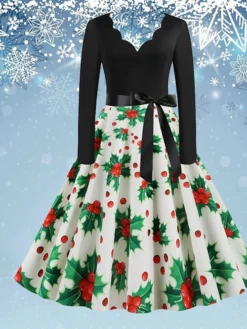 Women's Christmas Swing Dress Vintage DressKnee Length Dress Green Blue Wine Light Red Dark Green Red Long Sleeve Floral Snowman Tree Bow Print Fall Winter V Neck Vintage Fashion Casual 2022 S M L
