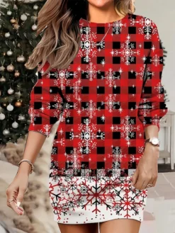 Women's Christmas Casual Dress Sweatshirt Dress Mini Dress Warm Fashion OutdoorVacation Crew Neck Print Geometric Snowman Snowflake Loose Fit White Wine Rusty Red S M L XL XXL