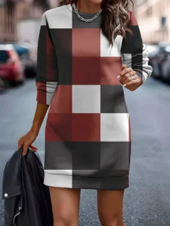 Women's Casual Dress Sweatshirt Dress Mini Dress Warm Fashion Outdoor Vacation Going Out Crew Neck Print Geometric Loose Fit Red Blue Orange S M L XL XXL