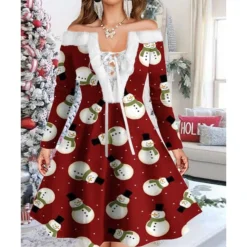 Women's Christmas Swing Dress Vintage Dress Mini Dress Green Light Green Wine Red Navy Blue White Long Sleeve Snowman Tree Snowflake Backless Feather Print Winter Fall Off Shoulder Vacation Stylish -HANs Plus Size Style Shop vhgyll1667977596779