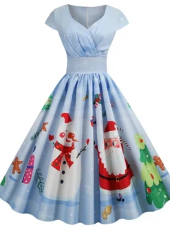 Women's Christmas Knee Length Dress Blue Dusty Blue Royal Blue Black Red Navy Blue Dark Blue Light Blue Short Sleeve Print Print Fall Winter V Neck Casual Vintage2021 S M L XL XXL 3XL