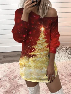 Women‘s Christmas Casual Dress Sweatshirt Dress Mini Dress Warm Fashion Outdoor Holiday Crew Neck Print Tree Loose Fit Red Purple Green S M L XL XXL