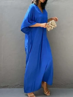 Women's Cover Up Beach Dress Beach Wear Long Dress Maxi Dress Split Basic Casual Plain V Neck 3/4 Length Sleeve Loose Fit Outdoor Daily White Yellow 2023 Spring Summer One Size -HANs Plus Size Style Shop vimgwf1672912306816