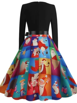 Women's Christmas Swing Dress Vintage Dress Midi Dress Green Blue Light Green Long Sleeve Santa Claus Bow Winter Fall Autumn Crew Neck Fashion Daily Date 2022 S M L XL XXL 3XL -HANs Plus Size Style Shop vinzjt1667894616714