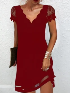 Women's Casual Dress Shift Dress Mini Dress White Red Short Sleeve Pure Color Lace Summer Spring V Neck Classic 2023 S M L XL 2XL 3XL