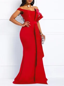 Women‘s Plus Size Curve Party Dress Color Block Off Shoulder Short Sleeve Spring Fall Stylish Prom Dress Maxi Long Dress Party Vacation Dress Sequin Dress -HANs Plus Size Style Shop vipmjf1663739321058