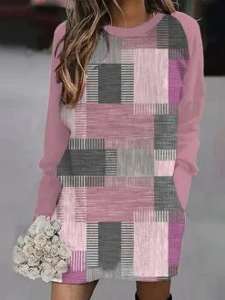 Women's Casual Dress Sweatshirt Dress Winter Dress Geometric Plaid Pocket Print Crew Neck Mini Dress Fashion Streetwear Outdoor Daily Long Sleeve Loose Fit Yellow Pink Blue Fall Winter S M L XL XXL -HANs Plus Size Style Shop visgqn1693984913058