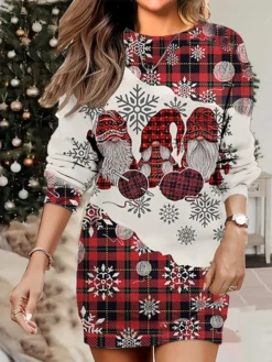 Women's Christmas Casual Dress Sweatshirt Dress Mini Dress Warm Fashion OutdoorVacation Crew Neck Print Geometric Snowman Snowflake Loose Fit White Wine Rusty Red S M L XL XXL -HANs Plus Size Style Shop vizuee1695640758501