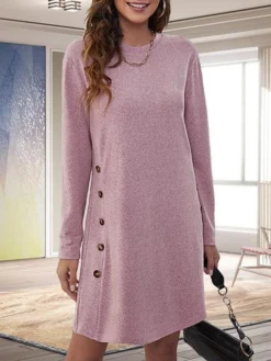 Women's Casual Dress T Shirt Dress Tee Dress Winter Dress Mini Dress Patchwork Button Daily Going Out Weekend Basic Elegant Crew Neck Long Sleeve Black Pink Grey Color S M L XL 2XL Size -HANs Plus Size Style Shop vjqkyg1691057845431
