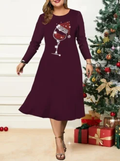 Women's Christmas Plus Size Curve Casual Dress Skater Dress A Line Dress Graphic Snowflake Midi Dress Long Sleeve Print Crew Neck Fashion Outdoor Black Wine Fall Winter L XL XXL 3XL 4XL -HANs Plus Size Style Shop vjwjgu1695264753960