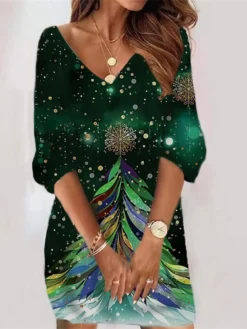 Women‘s Christmas Sweatshirt Dress Winter Dress Short Mini Dress Green Purple 3/4 Length Sleeve Tree Print Fall Winter V Neck Vacation Casual 2022 S M L XL XXL 3XL -HANs Plus Size Style Shop vjxbzp1663755262871