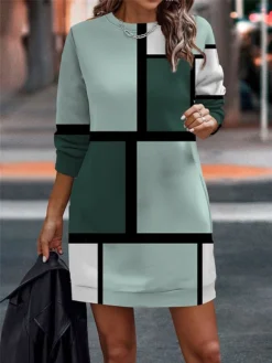 Women's Casual Dress Sweatshirt Dress Mini Dress Warm Fashion Outdoor Vacation Going Out Crew Neck Print Geometric Loose Fit Pink Blue Light Purple S M L XL XXL -HANs Plus Size Style Shop vkdvtu1694596715006