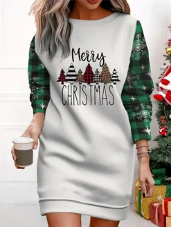 Women's Christmas Casual Dress Sweatshirt Dress Mini Dress Warm Fashion Outdoor Vacation Crew Neck Print Geometric Christmas Tree Christmas Hat Loose Fit ArmyGreen Black Wine S M L XL XXL -HANs Plus Size Style Shop vkpbcg1695365593239