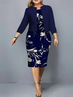 Women's Plus Size Curve Casual Dress Dress Set Two Piece Dress Floral Geometric Midi Dress Long Sleeve Print Crew Neck Fashion Outdoor Pink Navy Blue Fall Winter L XL XXL 3XL 4XL -HANs Plus Size Style Shop vkphsa1695807525936